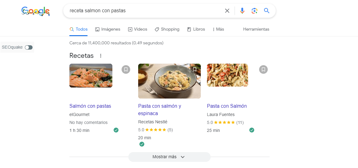 Tanto Google como Bing ofrecen servicios de consulta de recetas por ingredientes, popularidad y características de cocción.