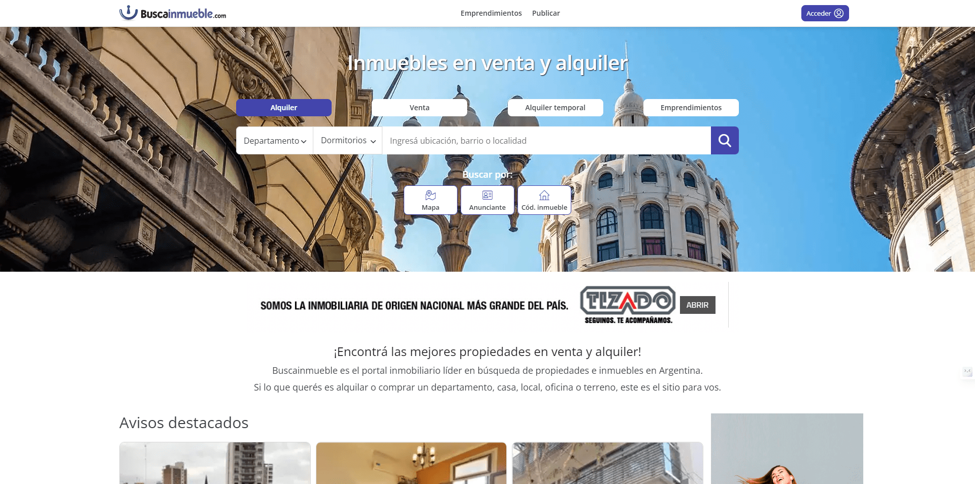 Ofrece alquiler y venta de departamentos, casas, PH, terrenos y otros inmuebles.