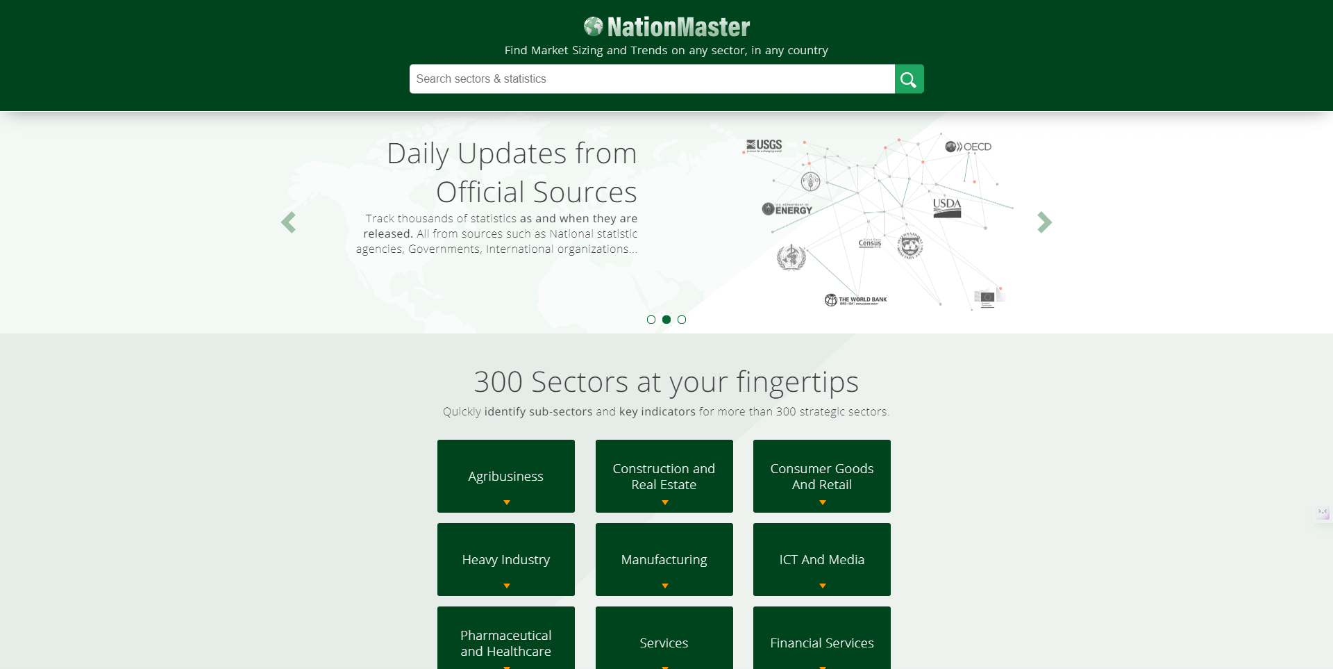 Nation master Este buscador es excelente para encontrar datos estadísticos sobre países. Bebe de la información que brinda el Banco Mundial y permite hacer comparaciones en cuanto a distintas métricas e indicadores.