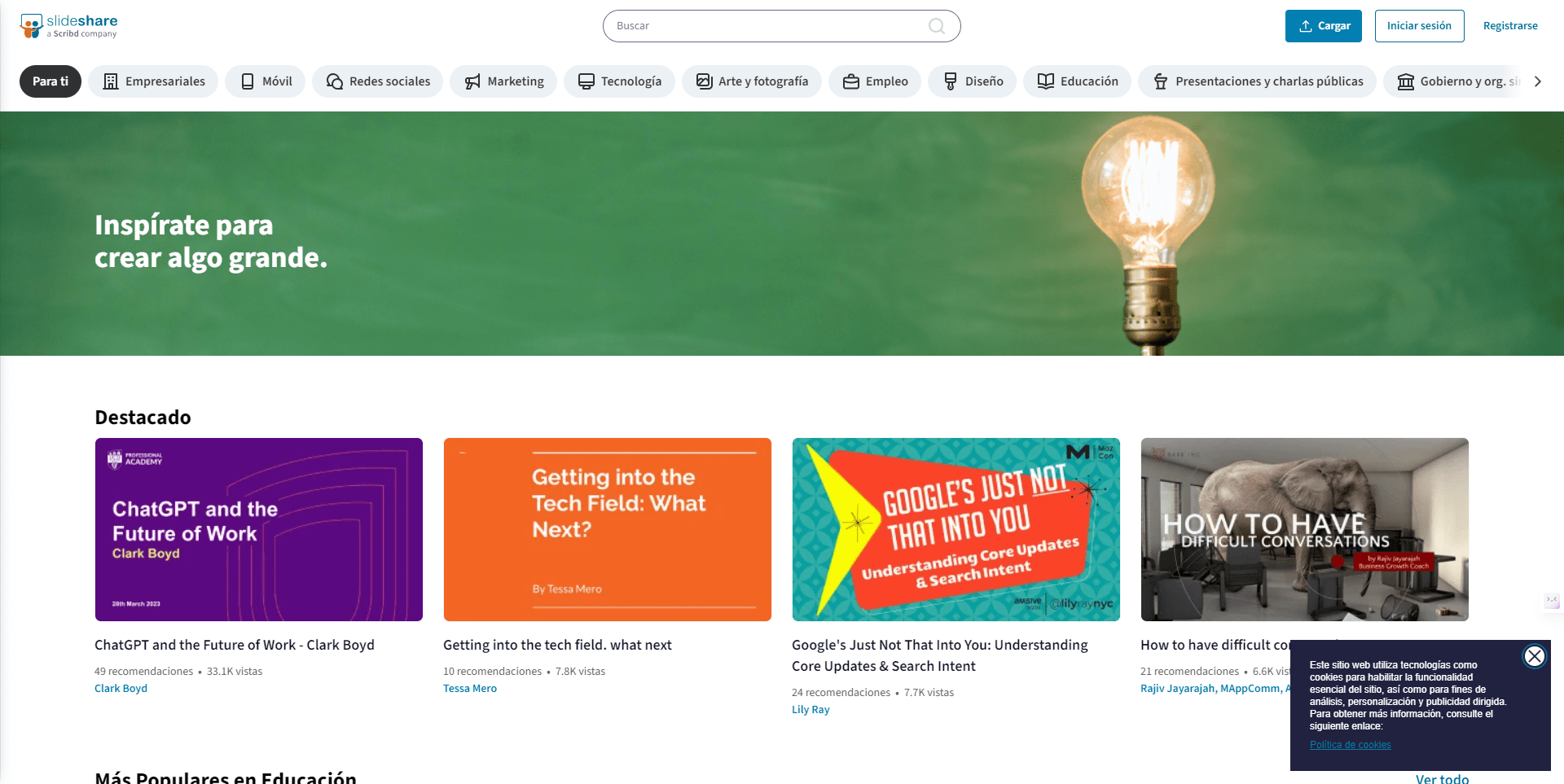 SlideShare es un buscador de presentaciones, webinars, documentos y libros en PDF. Pues, está asociada con tu cuenta de LinkedIn y tienes acceso a una gran cantidad de materiales de forma gratuita.
