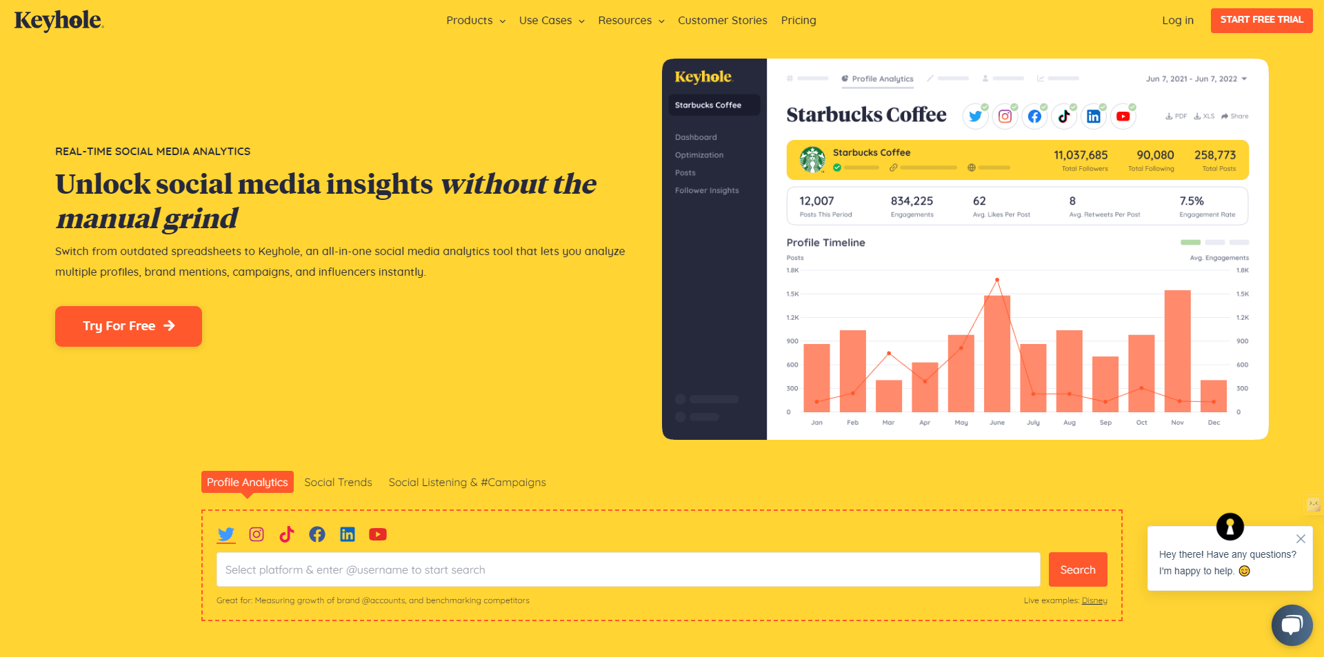 Este motor de búsqueda te permite obtener un análisis de tu contenido sobre tu marca. Pues, acá podés hacer búsquedas de hashtags, palabras clave, URL o menciones de tu marca en Twitter o Instagram.