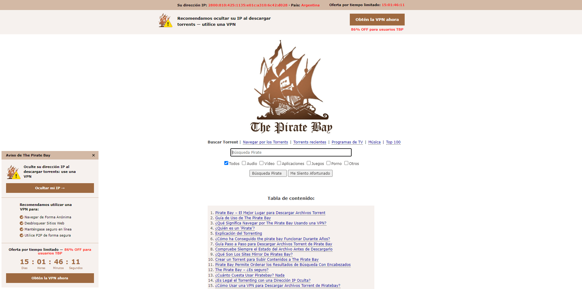 The Pirate Bay es un buscador de archivos Torrent.