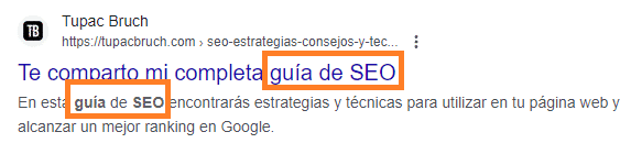 ejemplo de uso de keyword principal en una meta description y un seo title