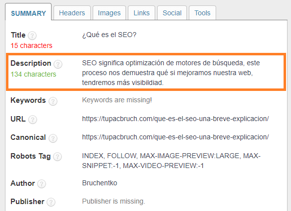 uno de los elementos que podemos ver con SEO meta in 1 Click es la Meta descripción o meta description