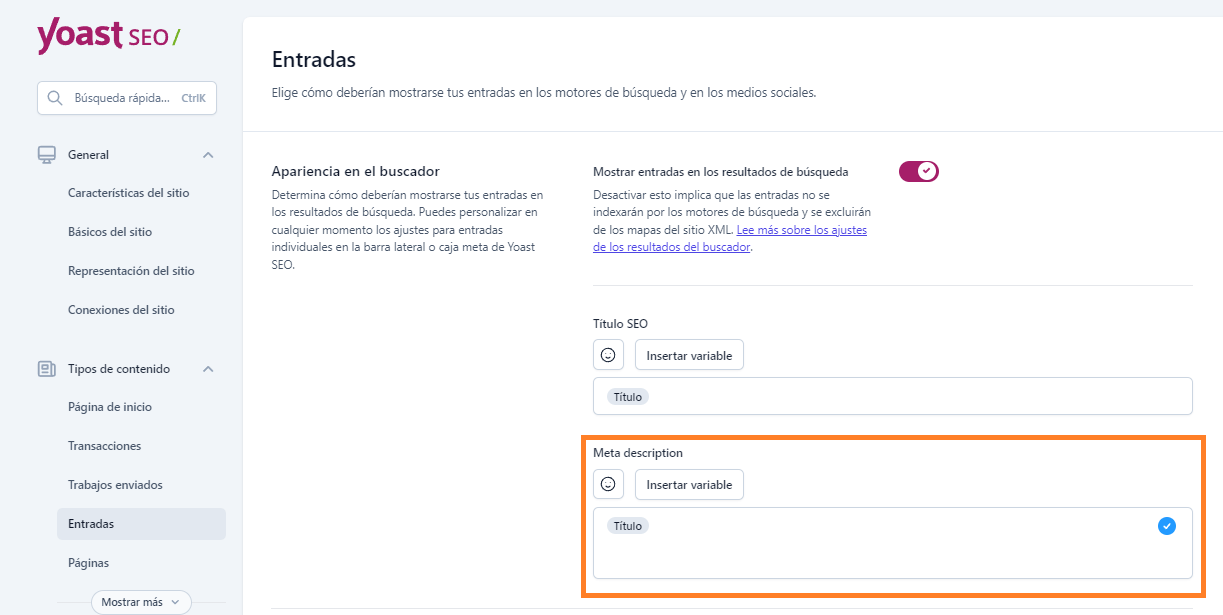 Yoast SEO nos ayuda a gestionar nuestra Meta descripción de forma global