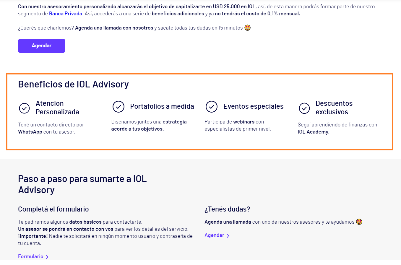 ejemplo de IOL Advisory de atención personalizada para Heavy Users