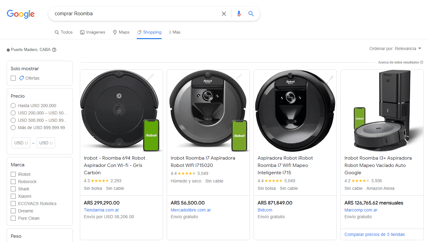 ¿Qué son los Resultados de página en SEO? Ejemplo de google shopping