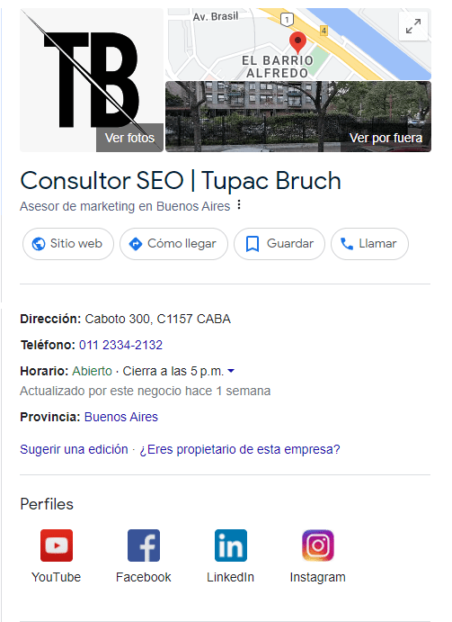 ¿Qué son los Resultados de página en SEO? Ejemplo de google my business