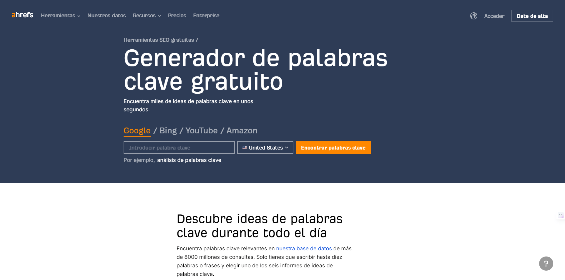 Ahrefs cuenta con un generador de keywords gratuito