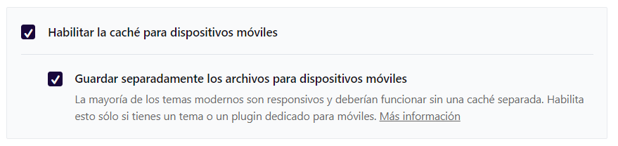 Guardar separadamente los archivos para dispositivos móviles en wp rocket con caché habilitada