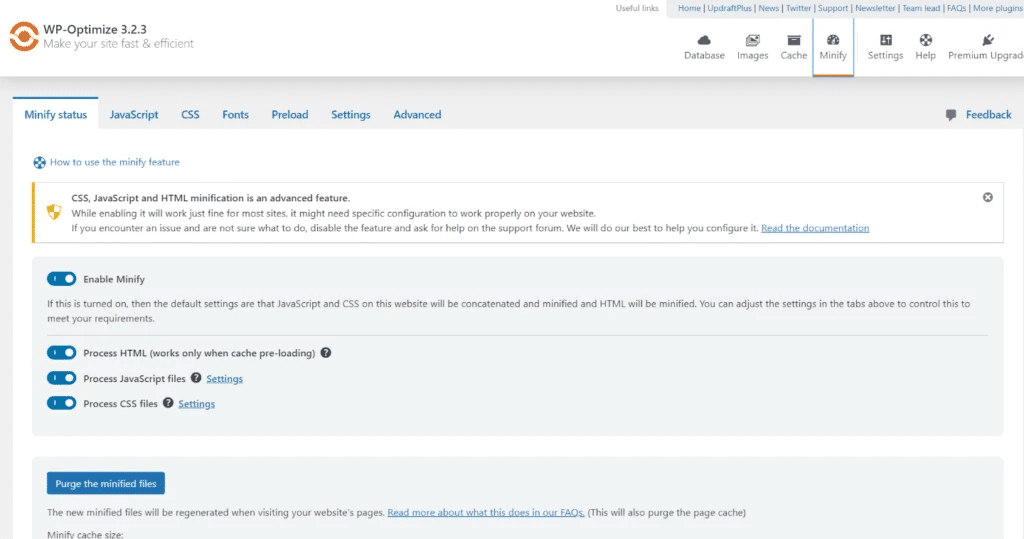 status de la minificación en wp-optimize