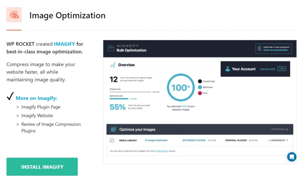 La única forma de comprimir y cambiar el tamaño de imágenes con WP Rocket es pagando dinero extra por Imagify
