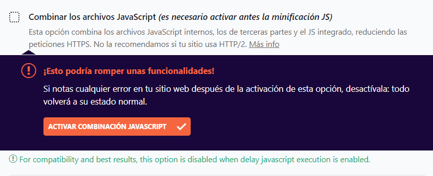 Combinar archivos JavaScript (Es necesario tener el JS minificado) en wp rocket
