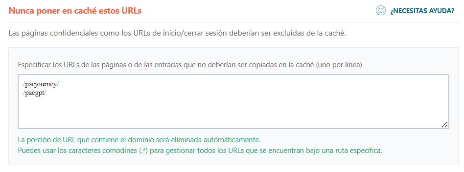 Nunca poner en caché estos URLs en wp rocket