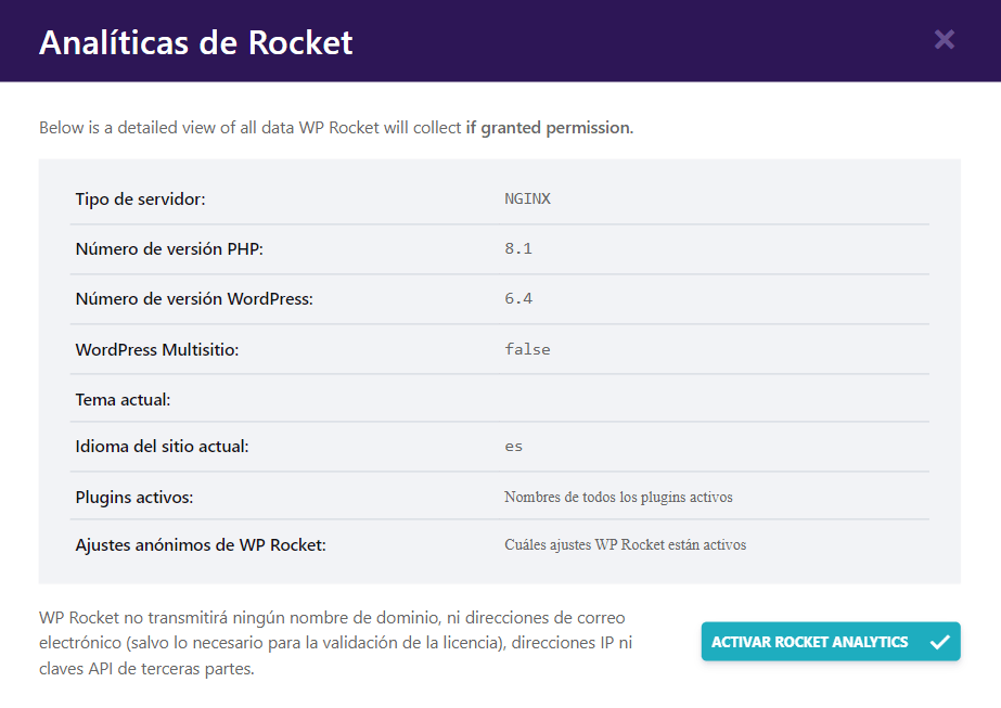 analíticas de wp rocket