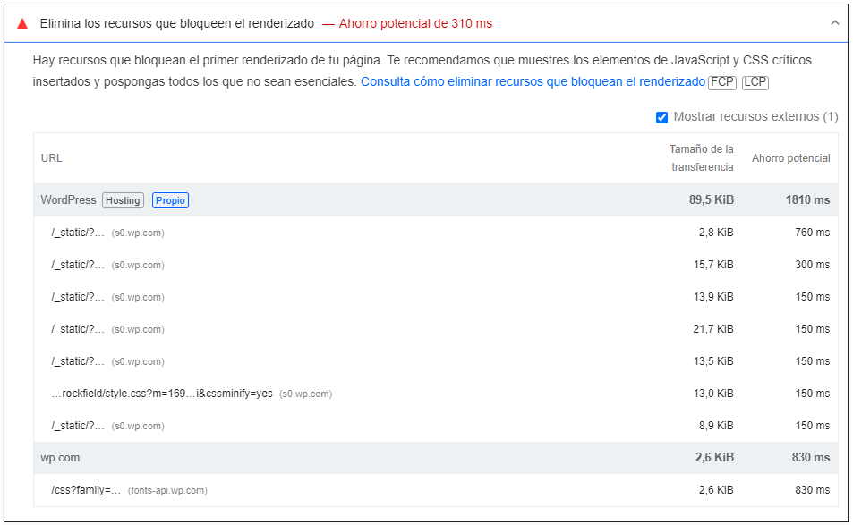 ejemplo de Eliminar recursos que bloquean el procesamiento o el renderizado