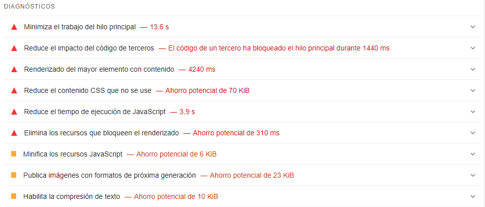 otros detalles del pagespeed insights