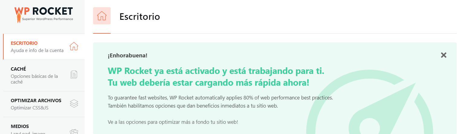 tablero de configuración de wp rocket