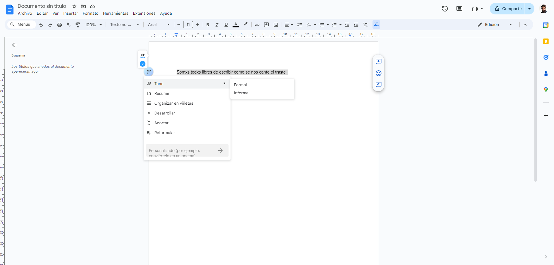 la inteligencia artificial de google docs te permite cambiar el tono