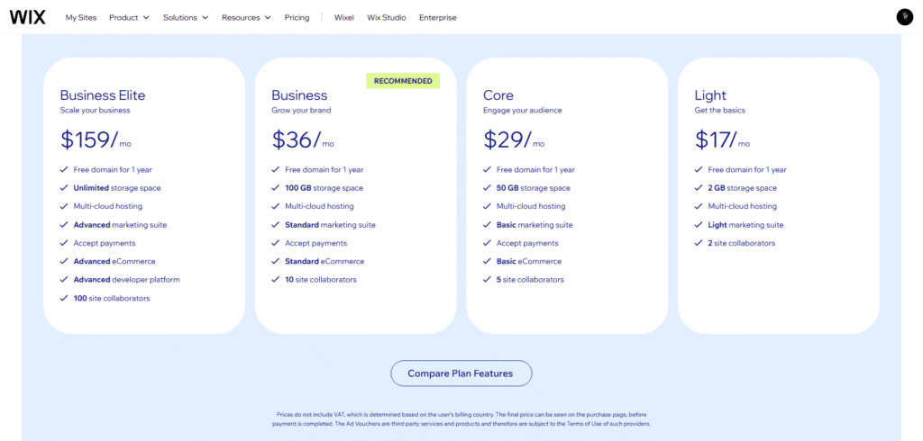 pantalla de elección de precios en wix