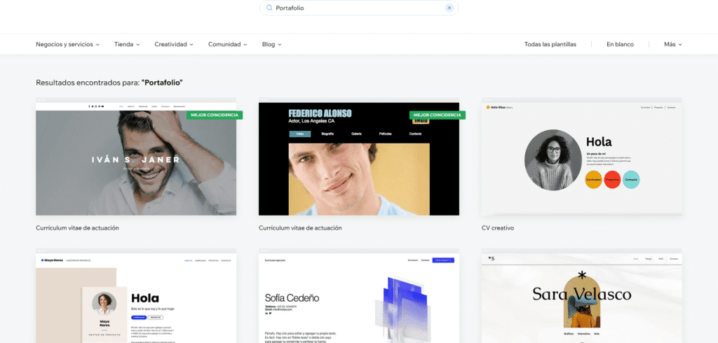 pantalla de selección de templates de wix