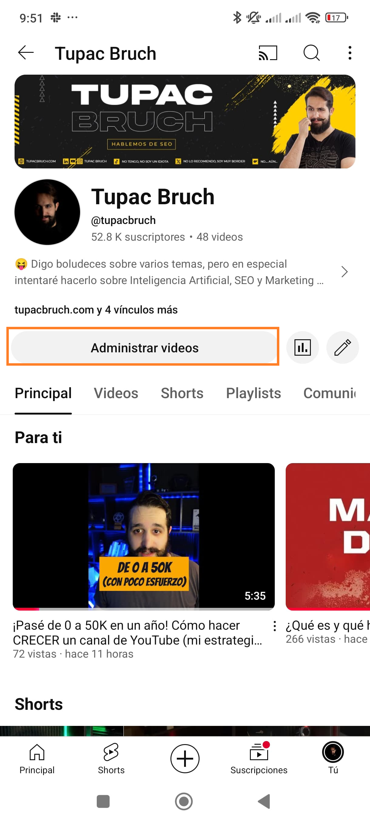Para cambiar las Miniaturas de YouTube Shorts debemos ir a nuestro perfil y administrar videos