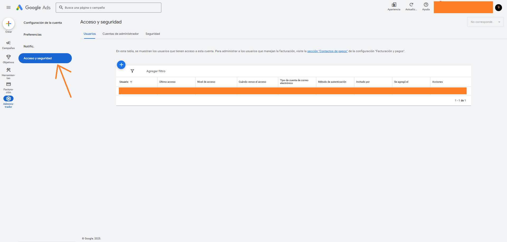 Dentro de la sección Configuración, selecciona Acceso y seguridad. agregar un usuario a Google Ads