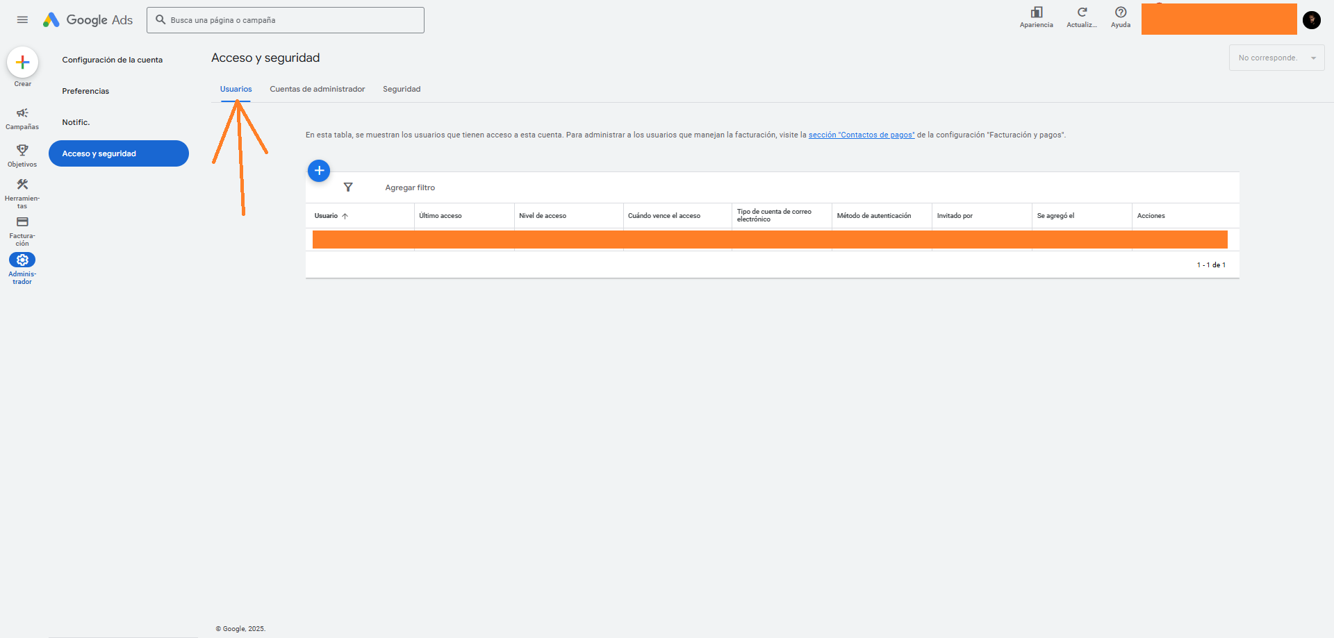 Dentro de "Acceso y seguridad", ve a la pestaña Usuarios.