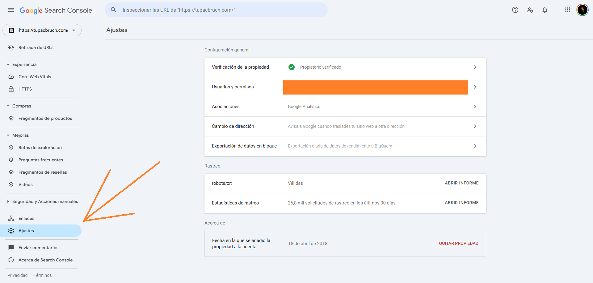 Para ver el presupuesto de rastreo debemos ir a Google Search Console y luego ir a Ajustes