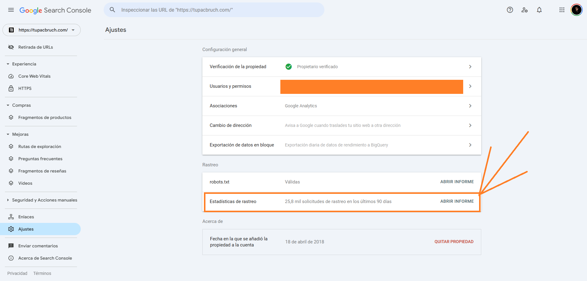 Y luego vamos a la sección de estadísticas de rastreo y abrimos el informe