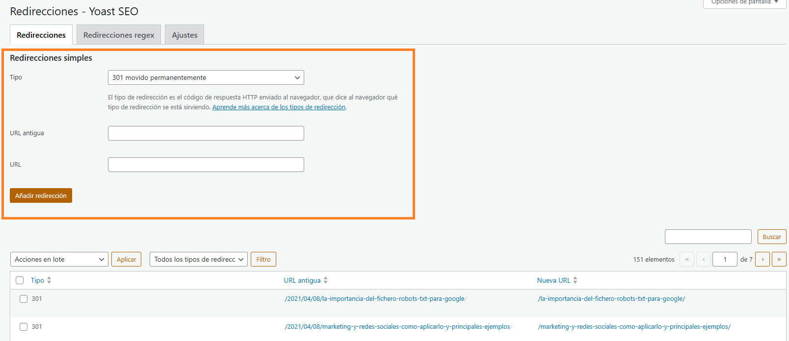 generar una redirección simple desde yoast seo