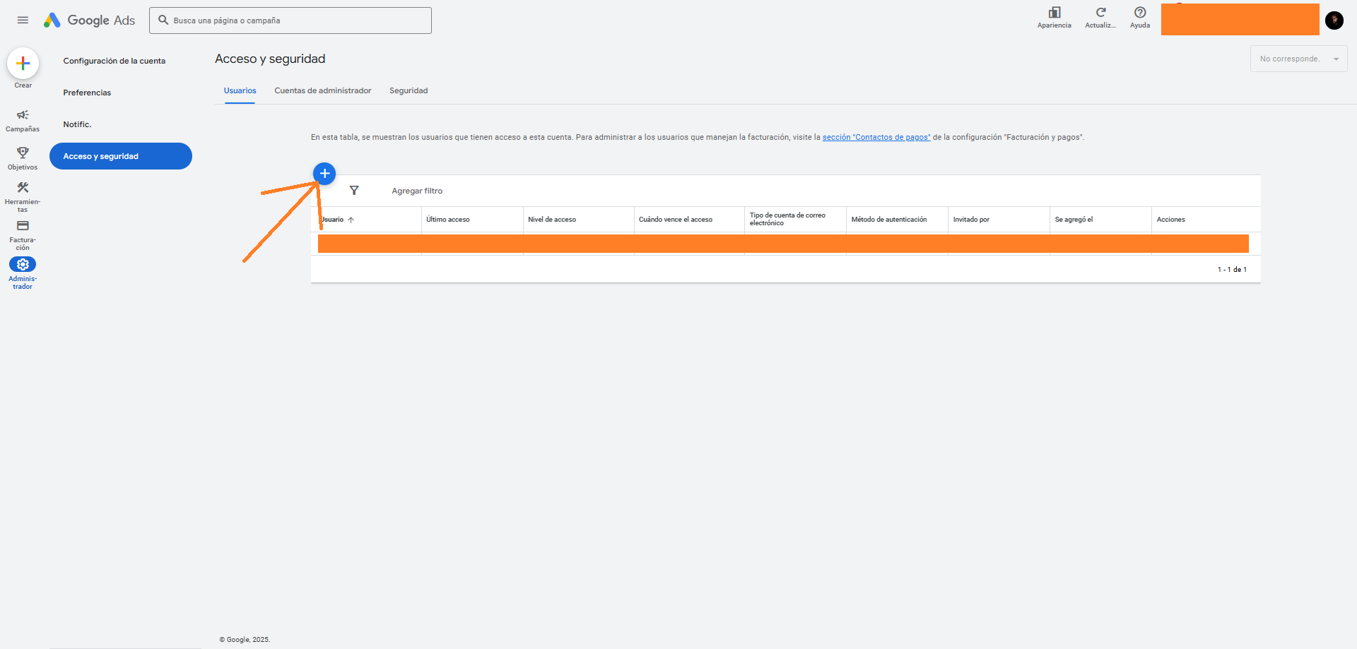 Haz clic en el botón azul "+" para agregar un nuevo usuario.