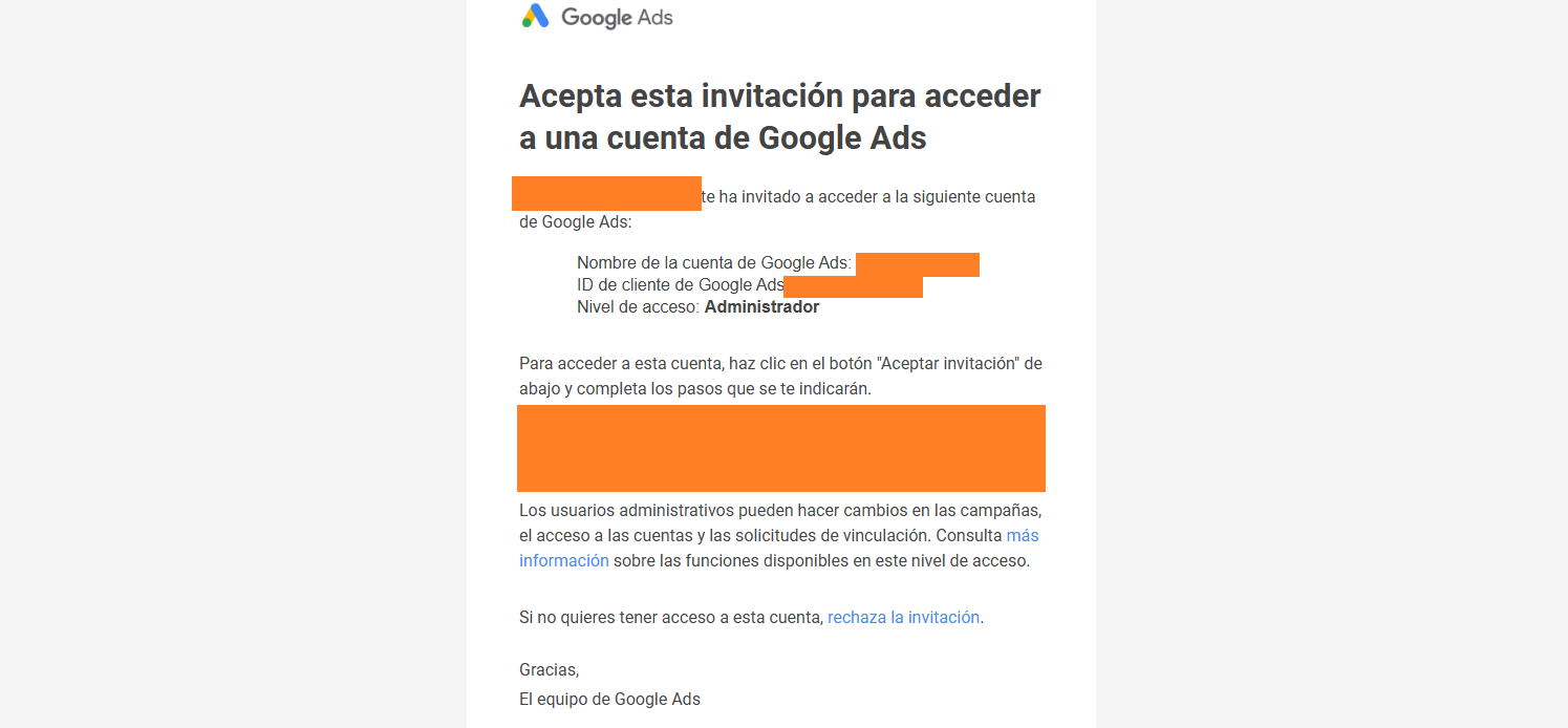 En este punto, el usuario recibirá un correo electrónico con un enlace para aceptar la invitación y acceder a la cuenta de Google Ads.