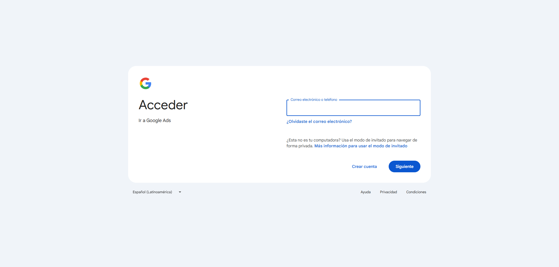 cómo agregar un usuario a Google Ads. Ve a Google Ads e inicia sesión con tu cuenta administradora.