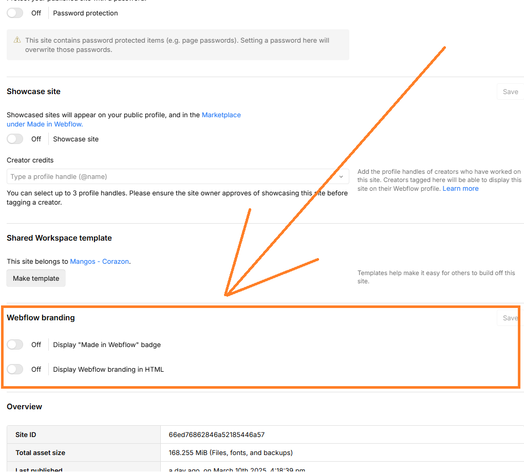 para eliminar la etiqueta de "made in webflow" debés ir a Configuración del sitio (Site Settings).