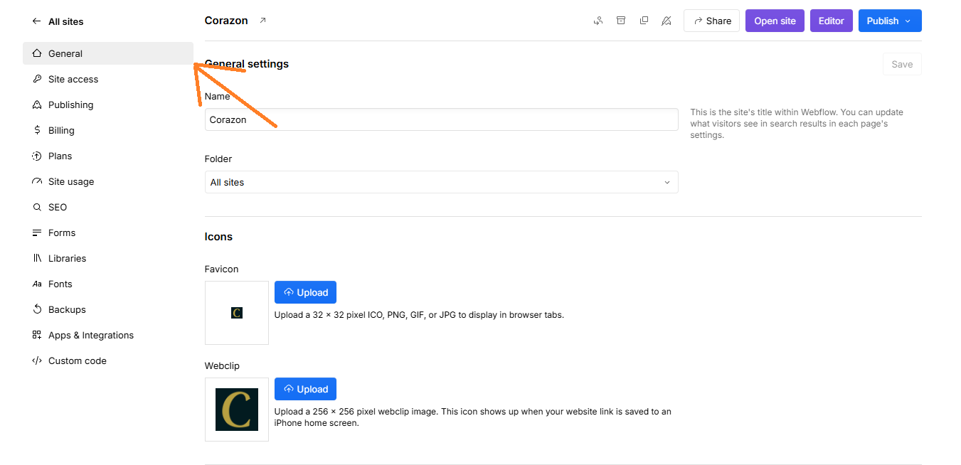eliminar la etiqueta de "made in webflow" Accede a la configuración general del sitio