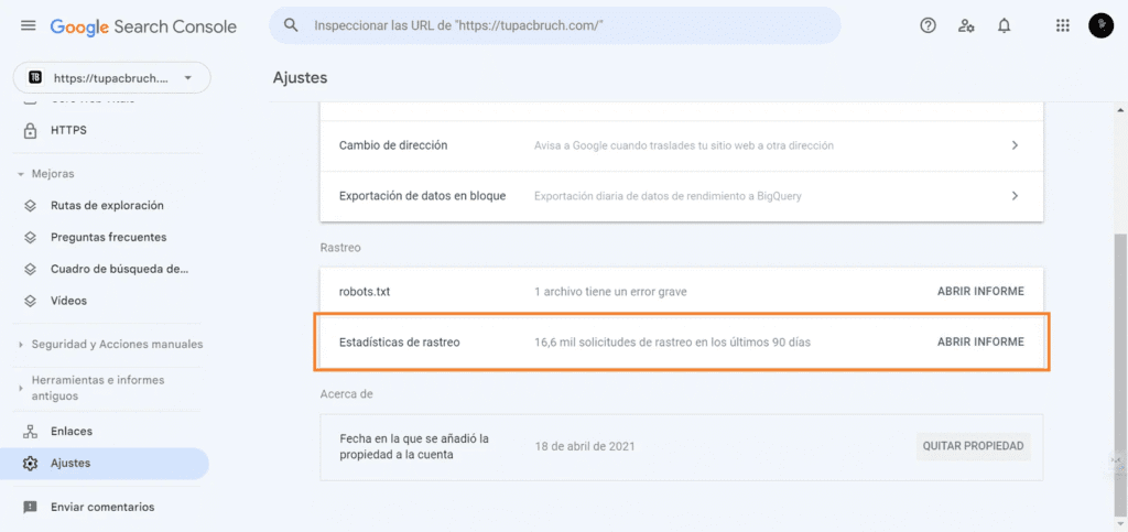 Estadisticas de Rastreo en Google Search Console de SEO técnico