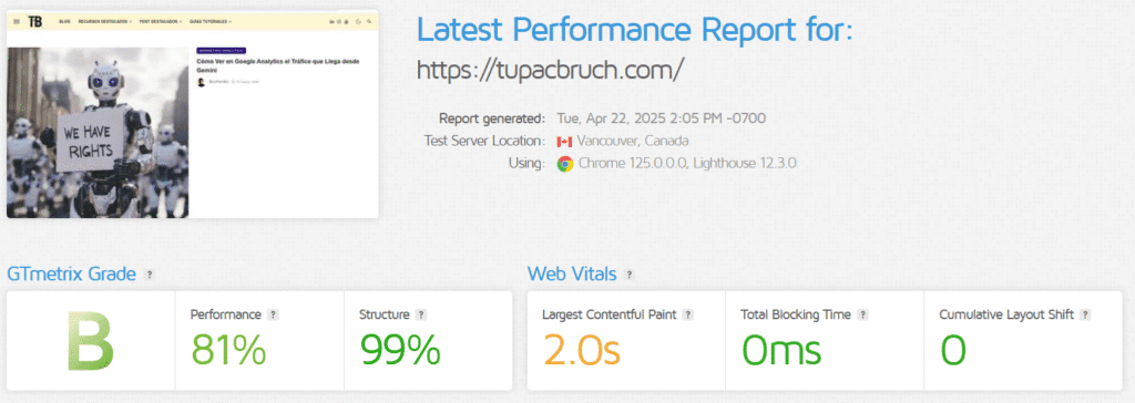 Cómo medir el rendimiento de tu sitio WordPress gtmetrix