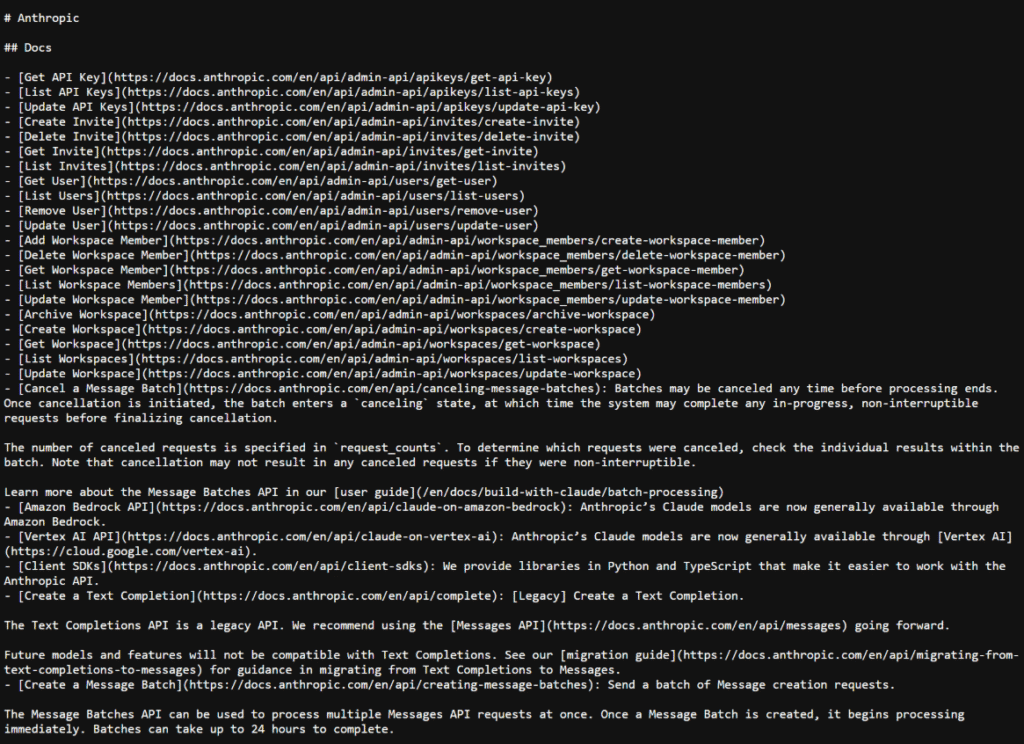 Esta es una captura de pantalla del archivo llms.txt real de Anthropic: