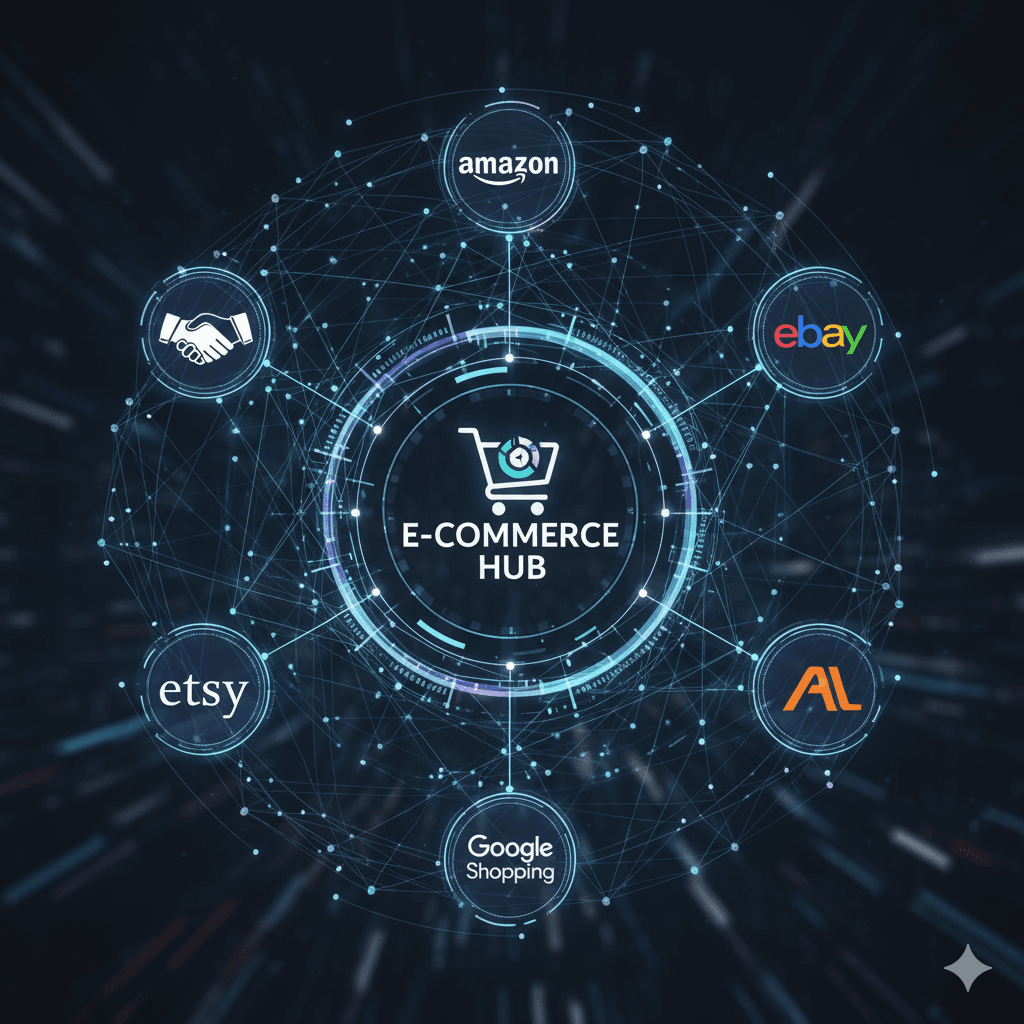 Una imagen de concepto que muestra los logotipos de varios marketplaces (Amazon, Mercado Libre, eBay, Etsy, etc.) rodeando a una tienda o producto, ilustrando el ecosistema digital.