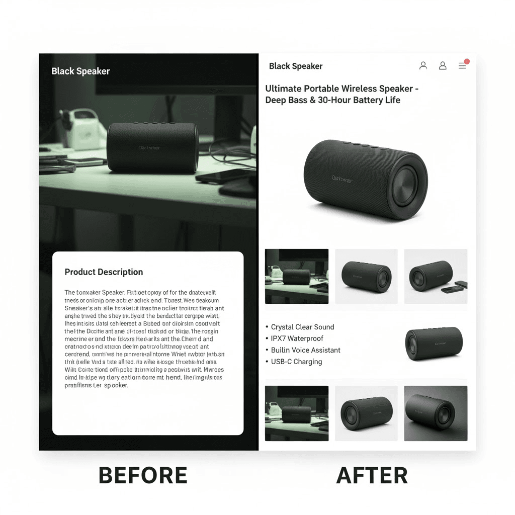 Una imagen que muestre un "antes y después" de una ficha de producto. "Antes": una foto pobre, un título corto. "Después": múltiples fotos de alta calidad, un título rico en palabras clave y viñetas claras con beneficios