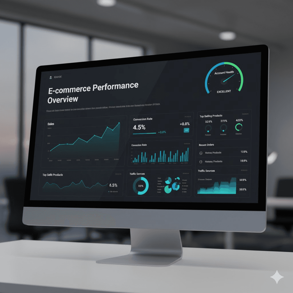 Una imagen de un dashboard o reporte digital limpio y moderno, mostrando gráficos de ventas, tasas de conversión y un indicador de "Salud de la Cuenta" en verde