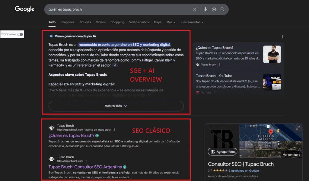 imagen comparativa entre un resultado clásico de Google y uno con SGE + AI Overview