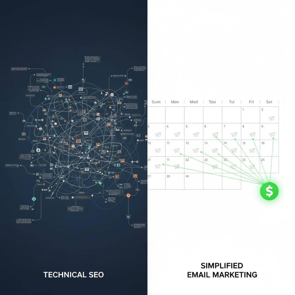 Una imagen dividida. Lado A: un gráfico técnico de SEO complicado con flechas. Lado B: Un calendario simple con un email enviado cada día, apuntando a un símbolo de dólar