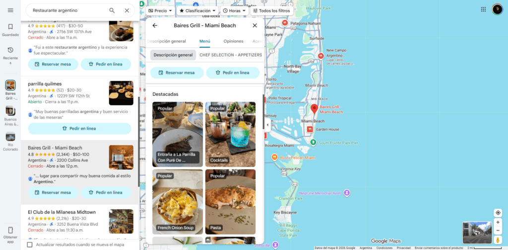 Ejemplo de Menú en la ficha de negocio
