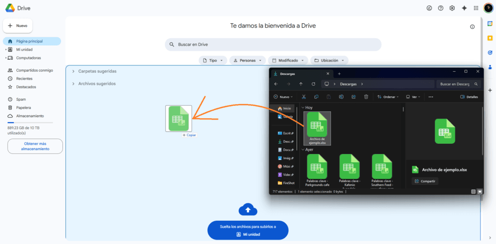Ejemplo de como subir un excel a drive desde la PC haciendo un drag & drop