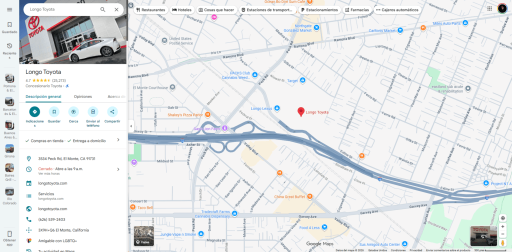 Ficha de Google Maps del concesionario Longo Toyota en California. Ejemplo de perfil de negocio automotriz optimizado con integración de ubicación y servicios.