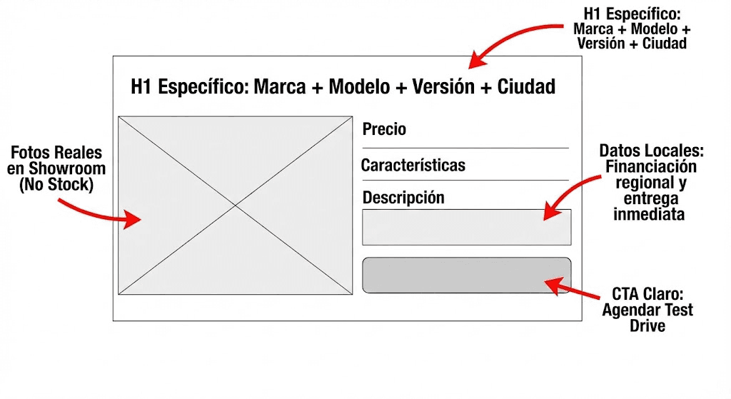 Esquema wireframe de una VDP (Página de Detalle de Vehículo) optimizada para SEO local. Señala elementos clave como H1 específico con ciudad, fotos reales del showroom, datos de financiación local y un botón de CTA claro.