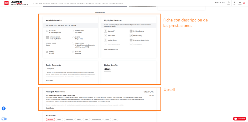 Sección de detalles técnicos en una página de vehículo (VDP). Muestra el número VIN, especificaciones del motor, rendimiento, características destacadas y una sección de paquetes accesorios (upsell) con precios.