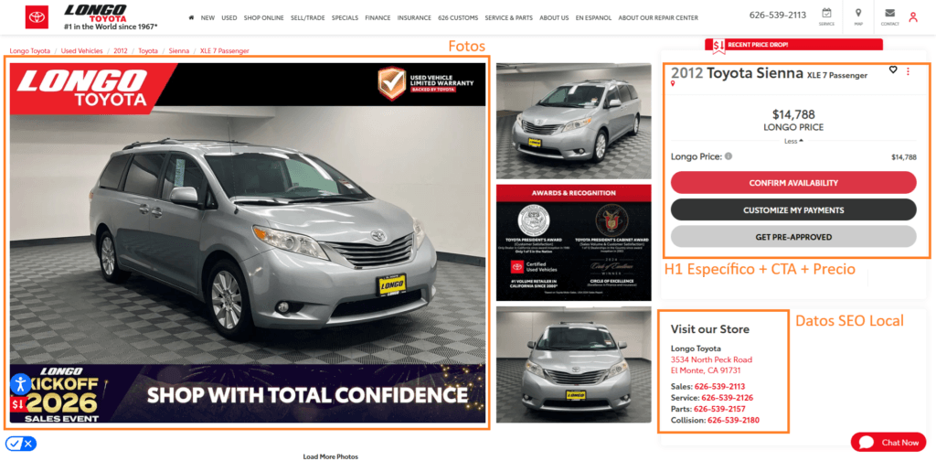 Captura de pantalla de una página de producto (VDP) de un Toyota Sienna en Longo Toyota. Destaca la galería de fotos reales, el precio claro con CTAs y la sección de datos de contacto local con dirección y teléfonos segmentados.